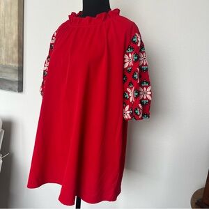Washco Apparel Tunic Women's Balloon Sleeve Red Embroidered Floral Boho XL 16/18